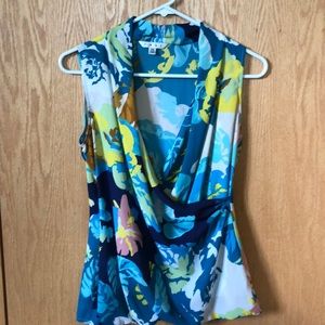 CAbi 741 Spring Blossom Multicolor Floral Wrap Sleeveless Top size XS